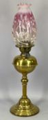 ART NOUVEAU BRASS OIL LAMP - with Cranberry and Vaseline glass shade, 66cms overall H