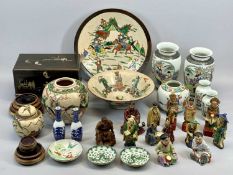 VARIOUS MODERN CHINESE VASES, BOWLS, FIGURES, mother of pearl inlaid trinket box, ETC