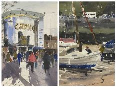 KEN HAYES watercolours (2) - a busy Cardiff City Centre scene, signed, 28 x 36cms, and figures