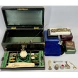 VINTAGE LOCKING JEWELLERY BOX & CONTENTS - to include a 9ct gold stick pin, vintage hat pins,