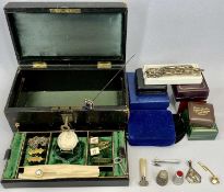 VINTAGE LOCKING JEWELLERY BOX & CONTENTS - to include a 9ct gold stick pin, vintage hat pins,