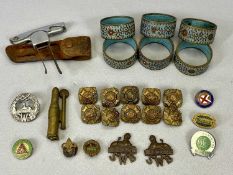 TRENCH ART LIGHTER, military badges and buttons and other metalware collectables including Boy Scout