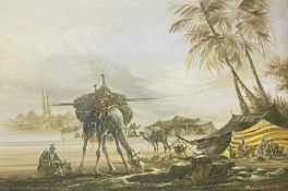 SEUN B KIM oil on canvas - Arabic camp scene with camels on the city outskirts, signed and dated '