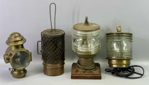 TWO VINTAGE BRASS SHIP'S LAMPS with prismatic lenses, and a vintage Lucidus brass cased carbine