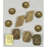 GENTLEMAN'S 9CT GOLD CUFFLINKS, A PAIR and one other, along with five 9ct stud buttons, 10.9grms