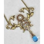 CLOGAU 9CT GOLD VICTORIAN STYLE SEED PEARL PENDANT NECKLACE - 24.5cms overall L, 32 x 30mm the