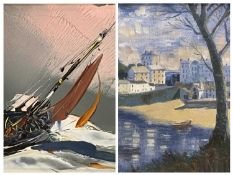 A D DEAKINS oil on board - colourful scene of yacht at full tilt, signed, 24 x 50cms and an unsigned