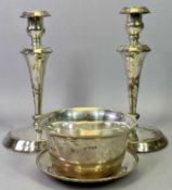 ENGLISH SILVER LOADED BASE CANDLESTICKS, A PAIR and a Birmingham 1913 circular bowl and stand,