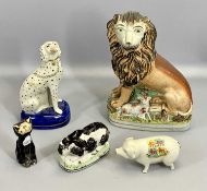 STAFFORDSHIRE POTTERY & OTHER ANIMAL FIGURINES - to include a seated lion with lamb to the