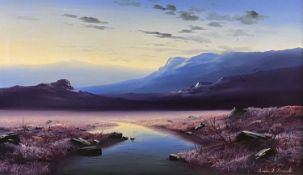 BRIAN D HORSWELL oil on canvas - moonlit landscape with river to the foreground, signed, 44 x 74cms