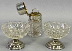 SILVER LIDDED CUT GLASS SCENT BOTTLE and a pair of silver based glass salts, Birmingham 1896,