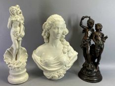 BRONZE EFFECT RESIN FIGURE GROUP - two classical figures, 54cms H excluding stand, a painted plaster