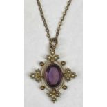 VINTAGE AMETHYST & SEED PEARL GILT METAL PENDANT - on curb link necklace, 25cms overall L, 33mm x