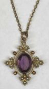 VINTAGE AMETHYST & SEED PEARL GILT METAL PENDANT - on curb link necklace, 25cms overall L, 33mm x