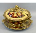 DAVID FULLER HAND PAINTED FRUIT TWIN-HANDLED LIDDED TUREEN - on a twin handled stand, former Royal