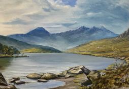 STAN BENNETT oil on board - Llyn Mymbyr and Snowdon to the background, label verso, 59 x 85cms