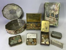 VINTAGE & LATER BRITISH & CONTINENTAL COINAGE - contained within four various vintage tins, along