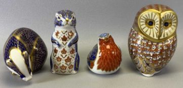 FOUR ROYAL CROWN DERBY IMARI PATTERN PAPERWEIGHTS, Owl, Chipmunk, Badger, and Robin, three with gold