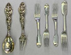 SILVER & WHITE METAL FLAT WARE - 6 items to include a 21cms table fork, London 1848, Maker William