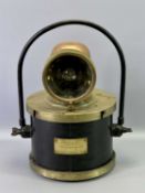 VINTAGE CEAG SHAFT AND RAILWAY LAMP, steel and brass body, copper and brass cowling, 37cms h.