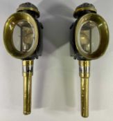 PAIR OF VICTORIAN COACHING LAMPS, steel and brass with clear glass panels, 46cms high.