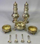 SILVER TABLE CONDIMENTS GROUP - to include a small pair of sugar casters, Birmingham 1934, Maker S