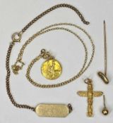 GOLD STAMPED JEWELLERY, 5 ITEMS - a 9ct circular St Christopher pendant on a fine link chain, 9ct