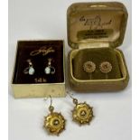 GOLD & PINCHBECK EARRINGS, 3 PAIRS - a boxed pair in 14ct gold with opal drops, 15mm L, 0.9grms, 9ct