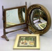 GEORGIAN STYLE CIRCULAR GILT BOBBLE MIRROR, Victorian swing toilet mirror and a framed Indian