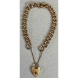 9CT GOLD CURB LINK BRACELET - with padlock clasp and safety chain, the hollow links individually