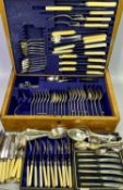 OAK CANTEEN OF MIXED CUTLERY, cased silver handled fruit knives and other cased and loose cutlery