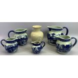 GRADUATED SET OF 5 REPRODUCTION BLUE & WHITE JUGS from 19 - 10cms H and a Denby stoneware 'Daybreak'