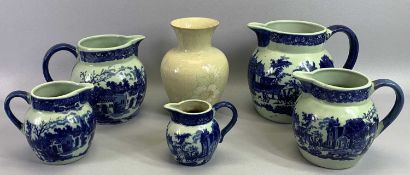 GRADUATED SET OF 5 REPRODUCTION BLUE & WHITE JUGS from 19 - 10cms H and a Denby stoneware 'Daybreak'