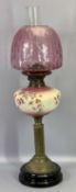 OIL LAMP - Victorian with floral decorated pottery font on a brass column and black pottery base