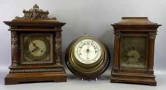 TWO EDWARDIAN OAK MANTLE CLOCK CASES, and a brass cased ship's bulkhead aneroid barometer mounted on