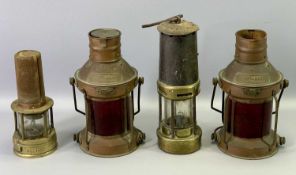 19TH CENTURY STEEL AND BRASS MINER'S LAMP, another miner's lamp (missing bonnet), and a pair of