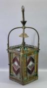 HALL LANTERN SHADE - late 19th century hanging lantern, coloured leaded glass panels, 66cms high,