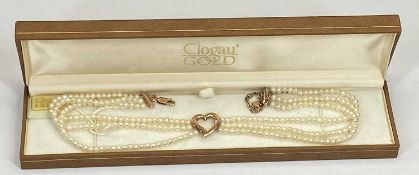 CLOGAU 9CT GOLD 3 STRAND SEED PEARL CHOKER - with open heart centre, 32cms overall L, 23.7grms