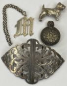 SILVER BIJOUTTERIE ITEMS (4) - a Birmingham silver nurse's buckle dated 1899, 9cms across,