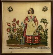 VICTORIAN WOOLWORK PICTURE - depicting a young lady amongst flowers, Ellen Lee work Aged 11 years