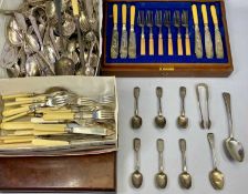 CASED & LOOSE EPNS & SILVER CUTLERY along with an empty mahogany cutlery box, the silver consists of