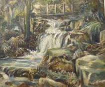 VIOLET HARRISON oil on board - a wooden bridge over a rocky waterfall, signed, 49 x 59cms