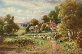 ROBERT JOHN HAMMOND oil on canvas - a farm and sheep dog attending sheep with trees and buildings to