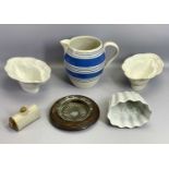 KITCHENALIA - 6 items to include an early blue banded jug, 17.5cms H, two Shelley jelly moulds