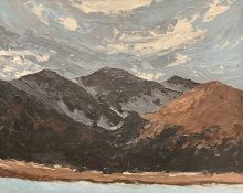 20TH CENTURY oil on board (pallet knife applied) - 'Moody' mountain scene, unsigned, 40 x 50cms