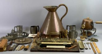 19TH CENTURY COPPER HAYSTACK 2 GALLON MEASURE, 39cms high, various pewter tankards, vintage