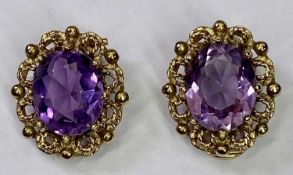 ANTIQUE STYLE 9CT GOLD & AMETHYST CLIP-ON EARRINGS - stamped '375' with Import Duty marks, 17 x