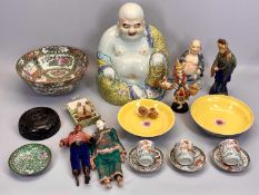 LARGE CHINESE PORCELAIN BUDDHA, Chinese Famille Rose bowl, 26cms diameter, three Chinese cups and
