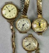 9CT GOLD CASED CIRCULAR DIAL LADY'S WRISTWATCHES (4) - all with expanding rolled gold/stainless
