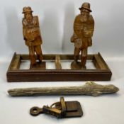 AN UNUSUAL WOODEN MOUSETRAP - 24cms L, two carved softwood figures of men, 41cms H, ETC